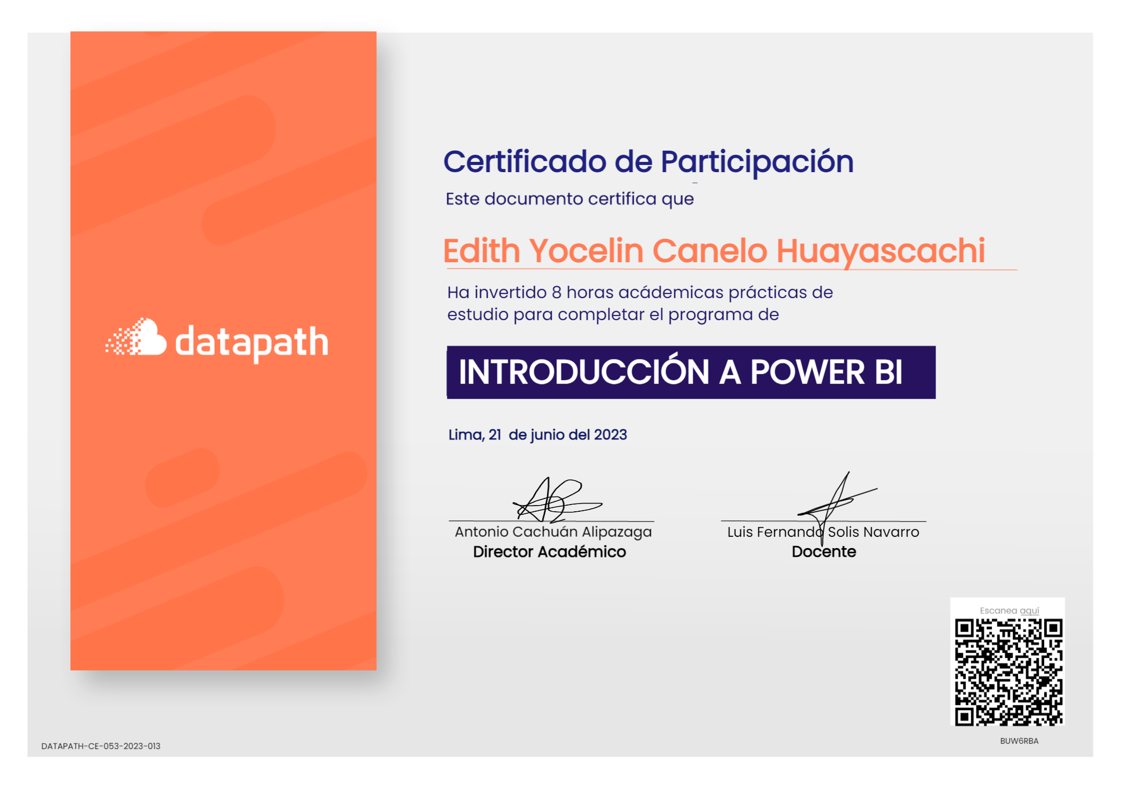 Yocelin Certificado de: Edith Yocelin Canelo Huayascachi